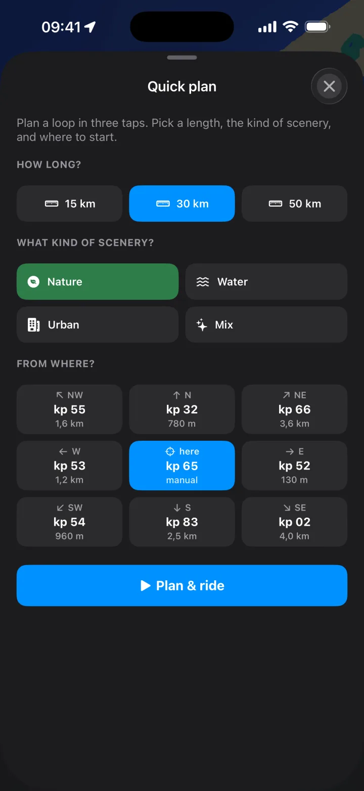 Quick plan: choose distance, biome and start knooppunt