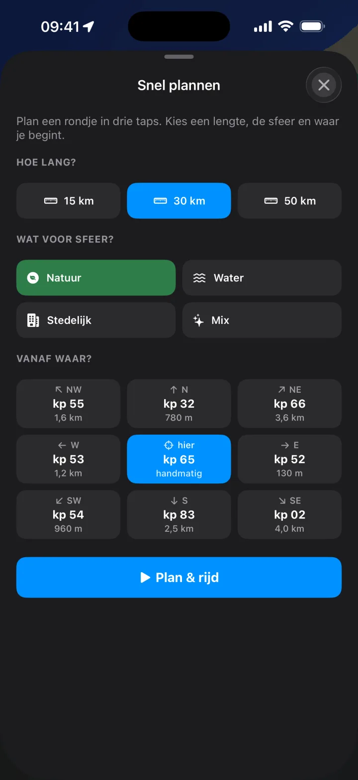 Quick plan: choose distance, biome and start knooppunt
