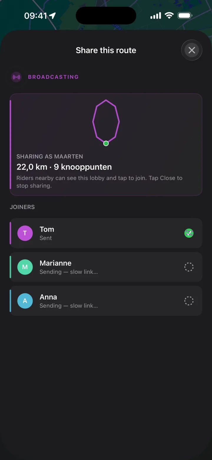 Sharing a planned route with nearby riders before the ride