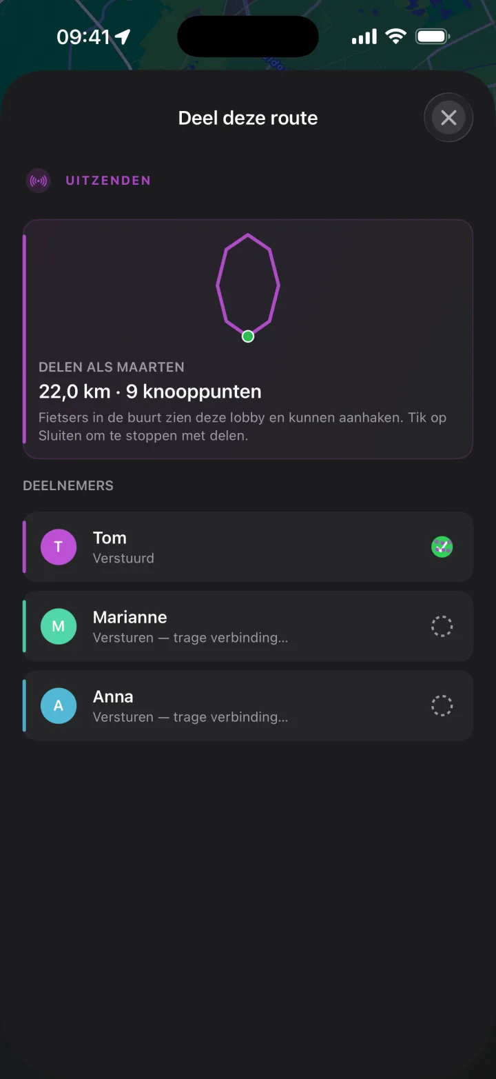 Sharing a planned route with nearby riders before the ride